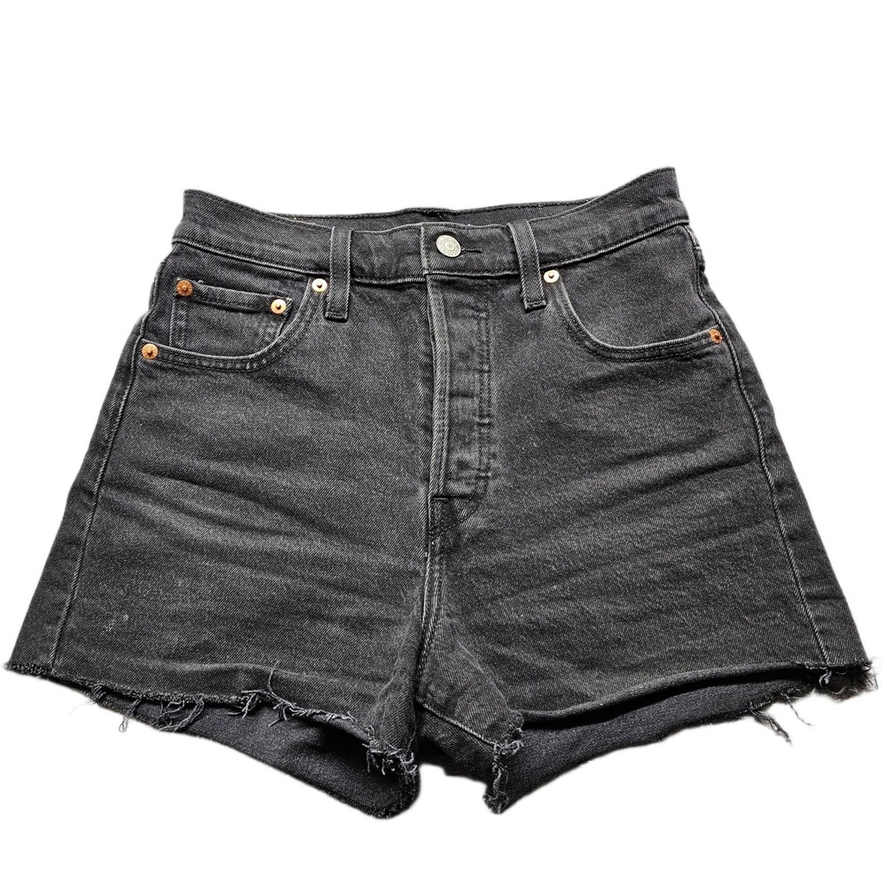 Levi's Premium Ribcage Shorts Womens 26 Black Denim Cut-Off Red Tab Button Fly